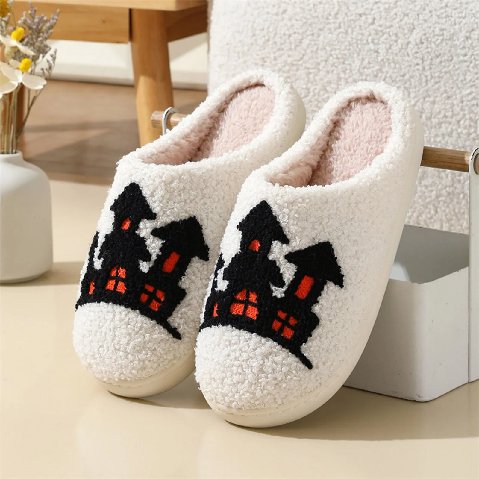 Women Men Winter Home Warming Slippers Halloween Horror Castle Witch Hat Spider Cotton Slippers Embroidery Non-slip Indoor Shoes