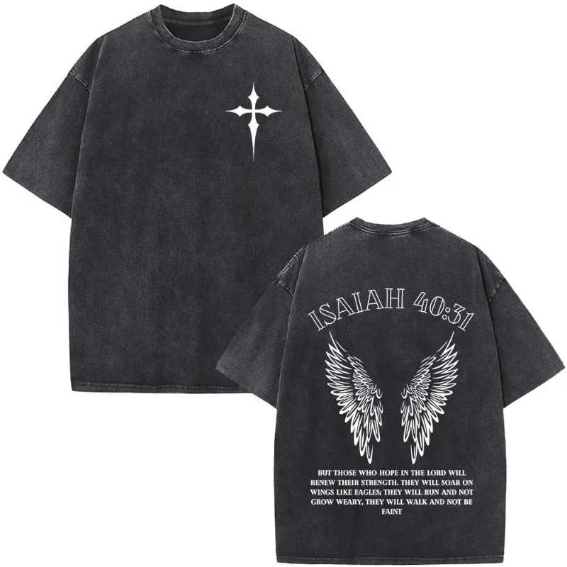 Christian Jesus Wing Bible Verse Washed Vintage T Shirt Men Women Clothing Fashion Cotton Oversized Short Sleeve T-shirt Y2k