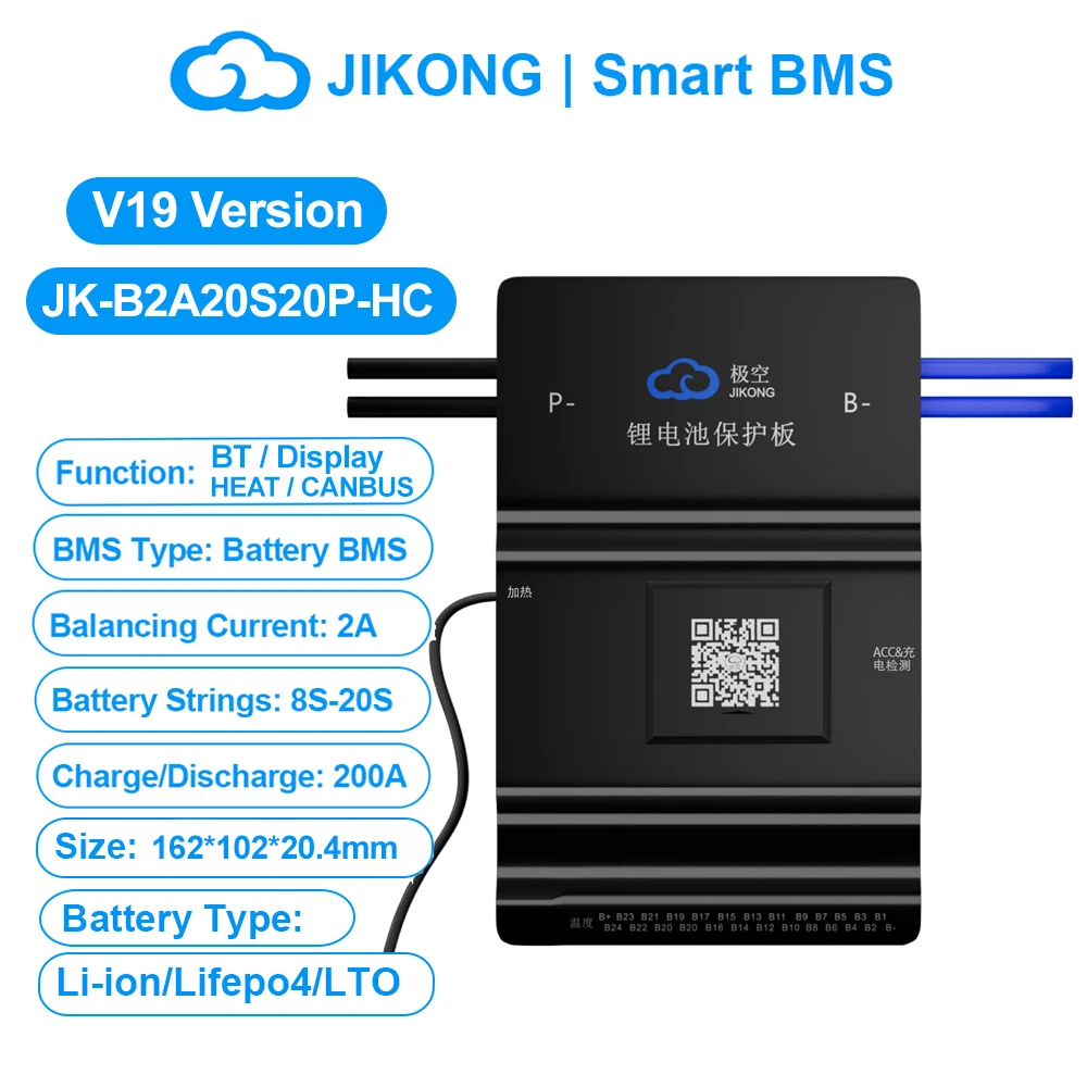 JIKONG V19 Smart BMS 4S ~ 24S BT Display Warmte KAN 0.4 ~ 2A Stroom 40A 100A 200A 300A Actieve Balancer voor Li-ion LiFePo4 Lto Batterij