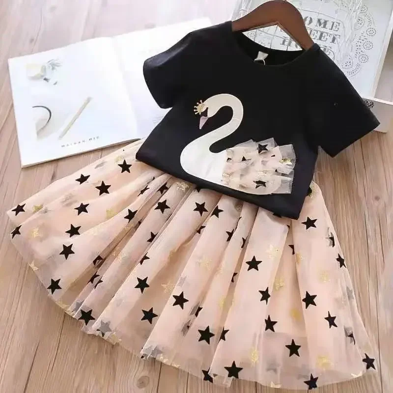 Kid Girl Clothes Cartoon Swan Lace T-shirt+Star Tulle Skirt 2Pcs Set Baby Outfit Casual Girls\' Suit Fashion Two-Piece