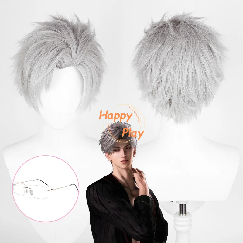 Sylus Synthetische Cosplay-Perücke, 30 cm, grau, flauschig, kurze Perücke, hitzebeständiges Haar, Halloween, Unisex, Anime-Perücken