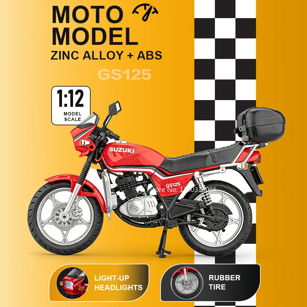 

1:12 Suzuki GS125 R3 Motorcycle Alloy Diecast Car Toy Models Sound and Light Front Wheel Steering Rubber Tire Cars Gift for Kids