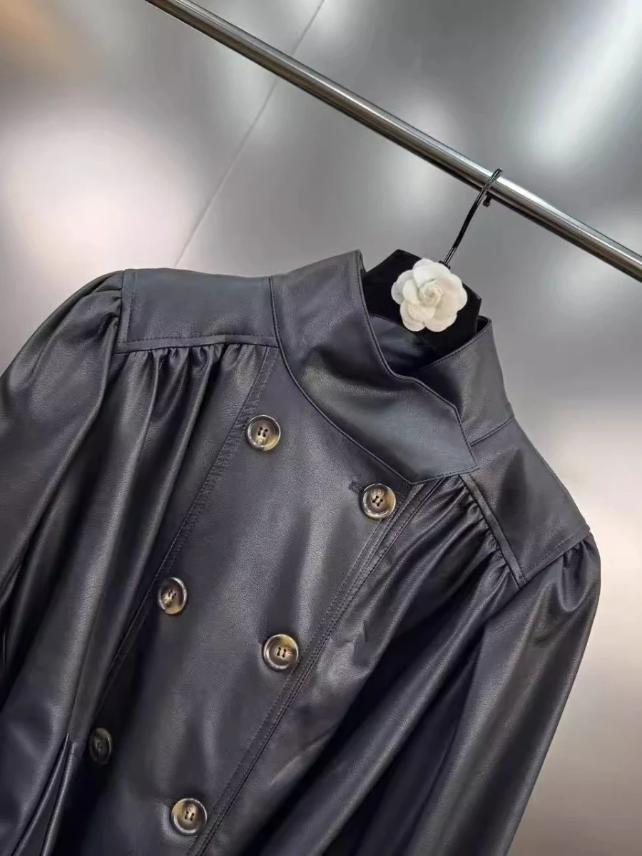 VGH Sashes Decorative Slimming Coat for Women Stand Collar Long Sleeve Spliced Double Breasted PU Leather Jacket Female Autumn - Image 3