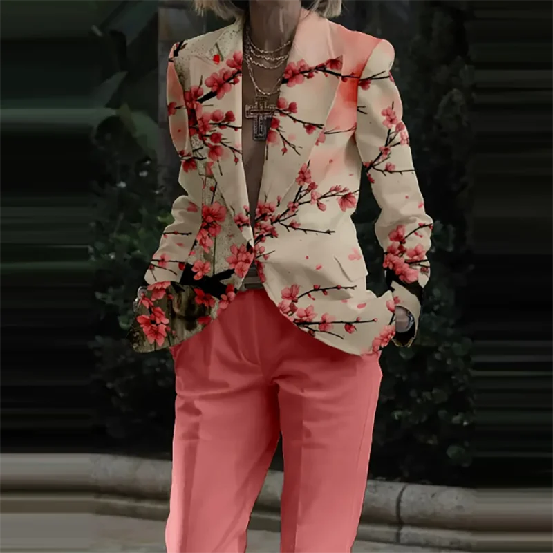 

Casual Pocket Loose 2Pc Suit Elegant Lapel V-neck Long Sleeve Coat & Long Pant Set Women Fashion Pattern Print Commuter Outfits