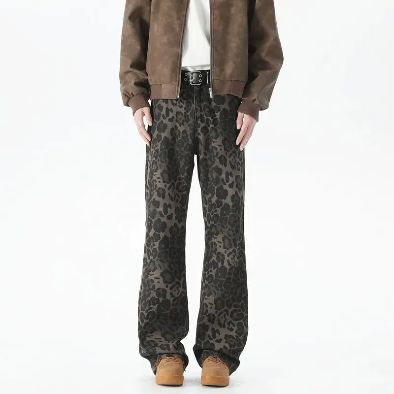 

Trendy New Leopard Printed Jeans Men Baggy Fit Mid Rise Denim Pants For Male