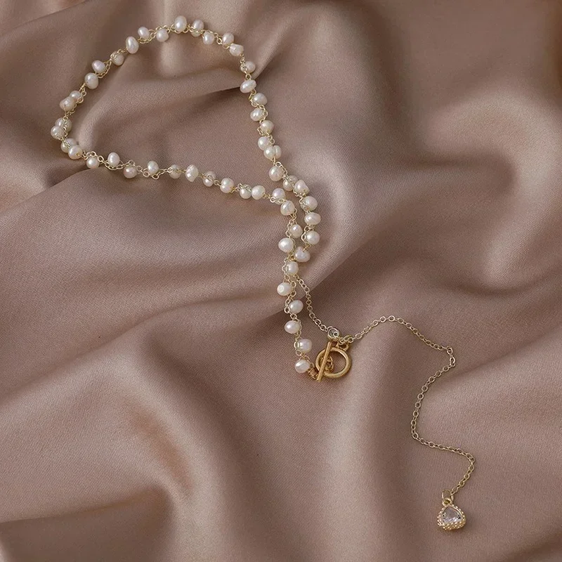 Minar Luxury Multiple Irregular Freshwater Pearl Beaded Chokers Necklaces for Women Rhinestones Heart Flower Pendant Necklace - view 5