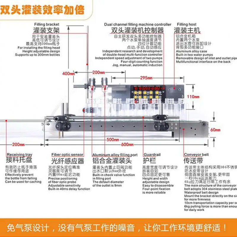 Auto Filling Machine Double Heads Liquid Filler With 1.2m Or 60cm Belt Conveyor Heat Resistant Bottle Water Beverage 2 Heads