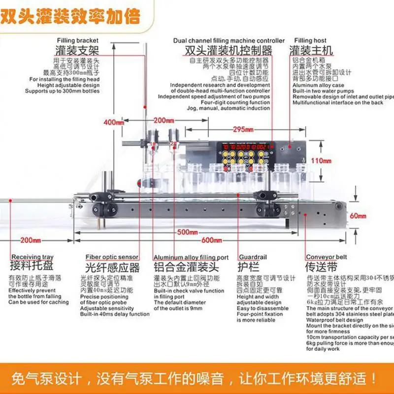 Máquina de llenado automático, llenadora de líquidos de doble cabezal con cinta transportadora de 1,2 m o 60cm, resistente al calor, botella de agua