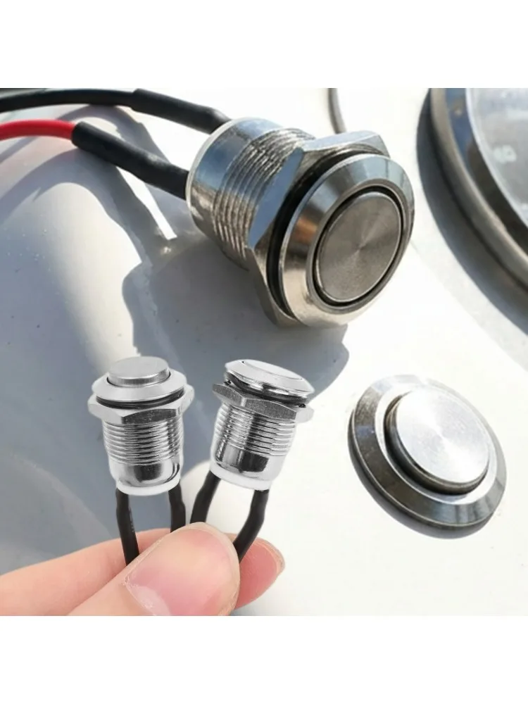 Bouton-poussoir momentané 12mm, 12V, étanche, petit bouton-poussoir rond en métal inoxydable chromé, câble de commutation N/O à 2 broches