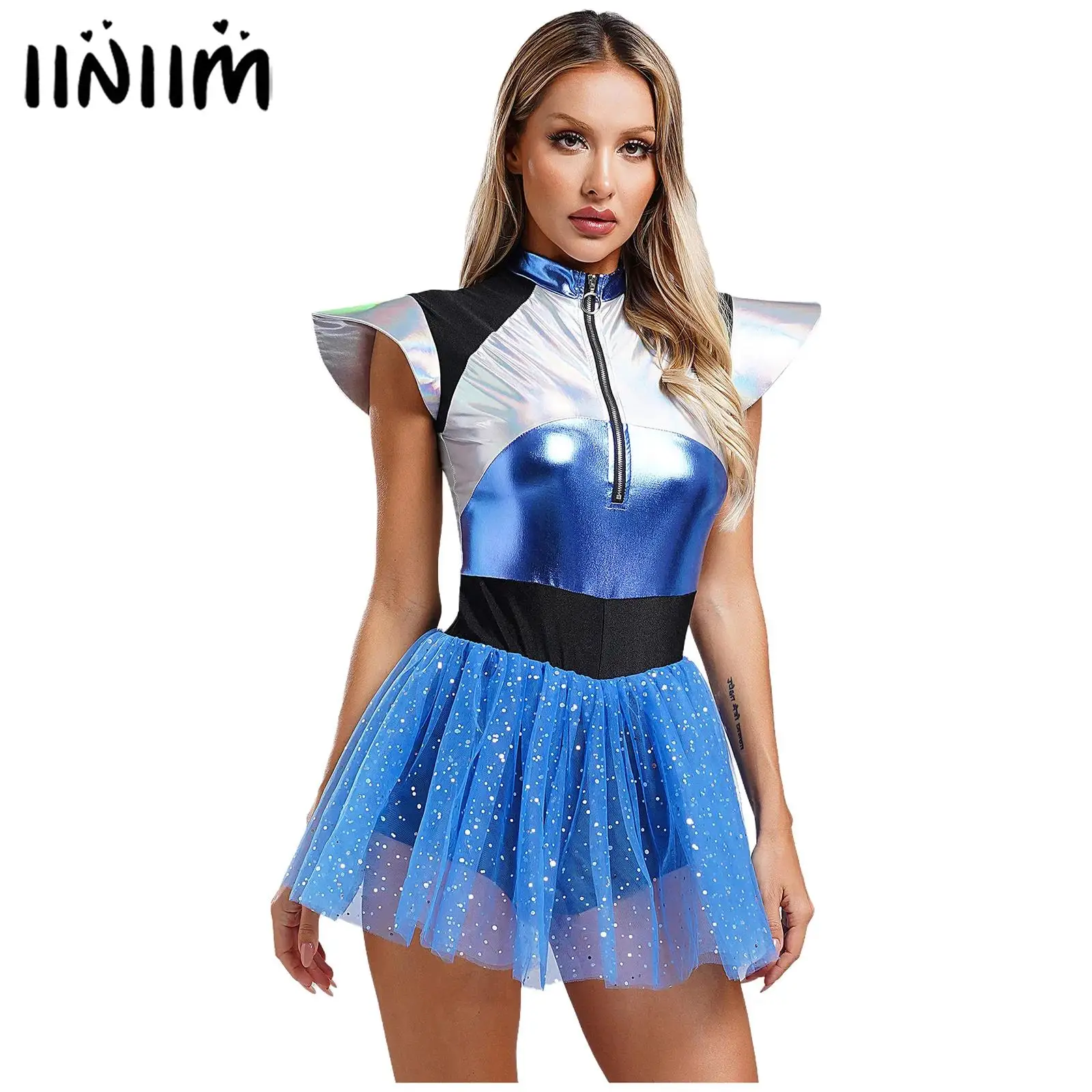 Womens Space Cadet Alien Astronaut Halloween Robot Cosplay Costume Front Zip Sequined Tulle Skirt Dress Dance Boyshorts Jumpsuit