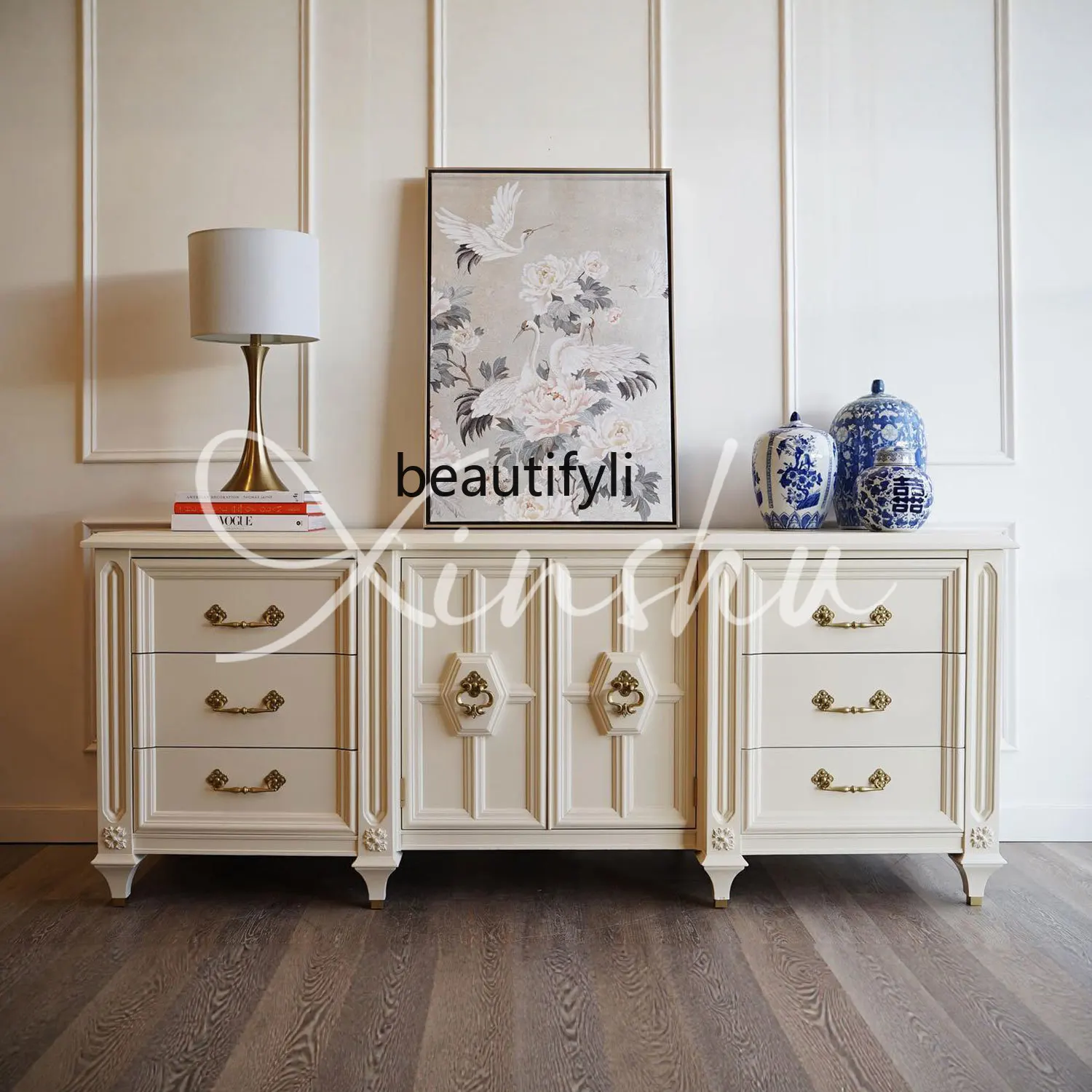 

French Cream White Solid Wood Living Room Wall Storage Cabinet Bedroom Bedside Storage Drawer Cabinet