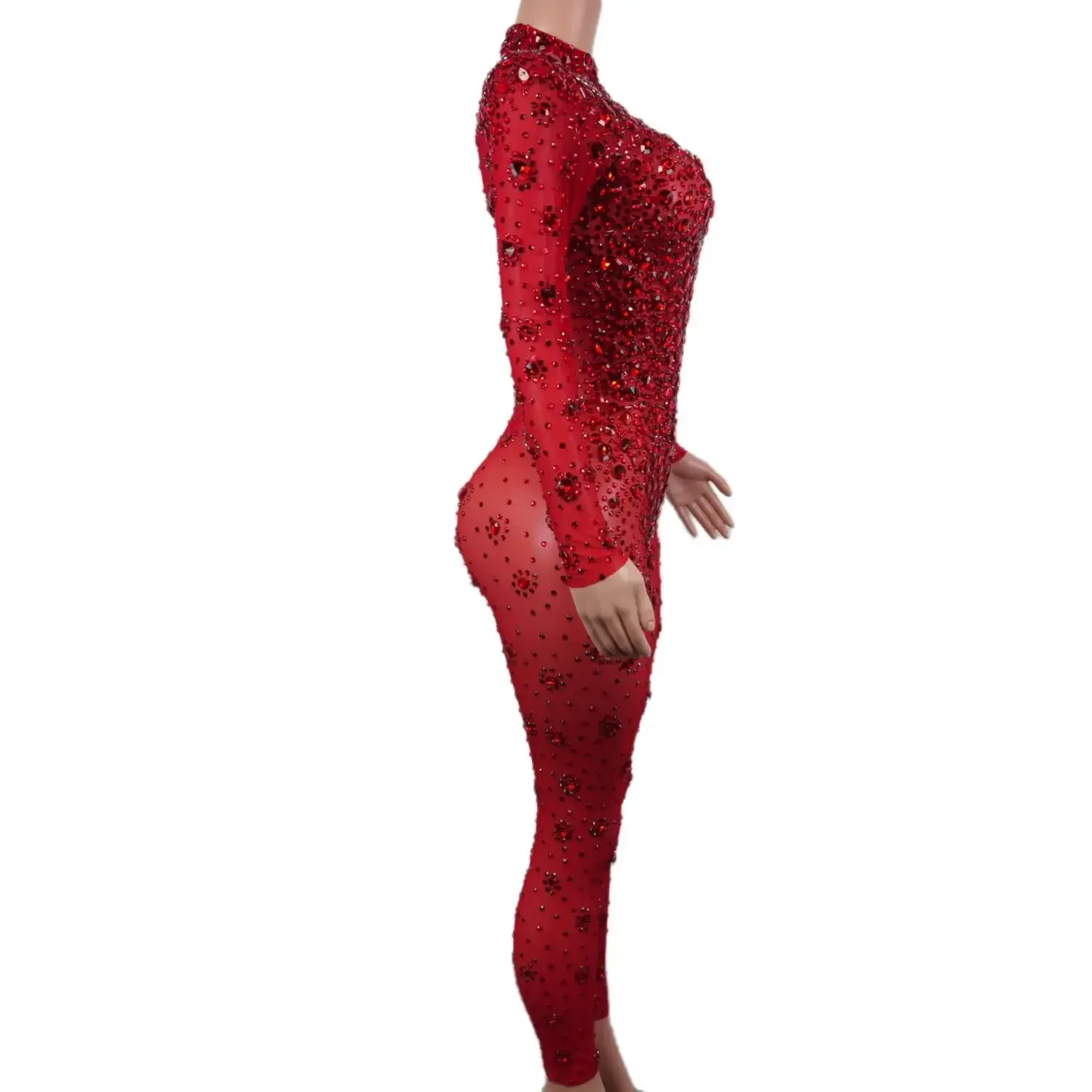 Sexy Voller Diamanten Rot Frauen einteiliges Overall Mode Party Dance Club Schlank Bodysuit Bühne Leistung Kostüm Urlaub Kleidung