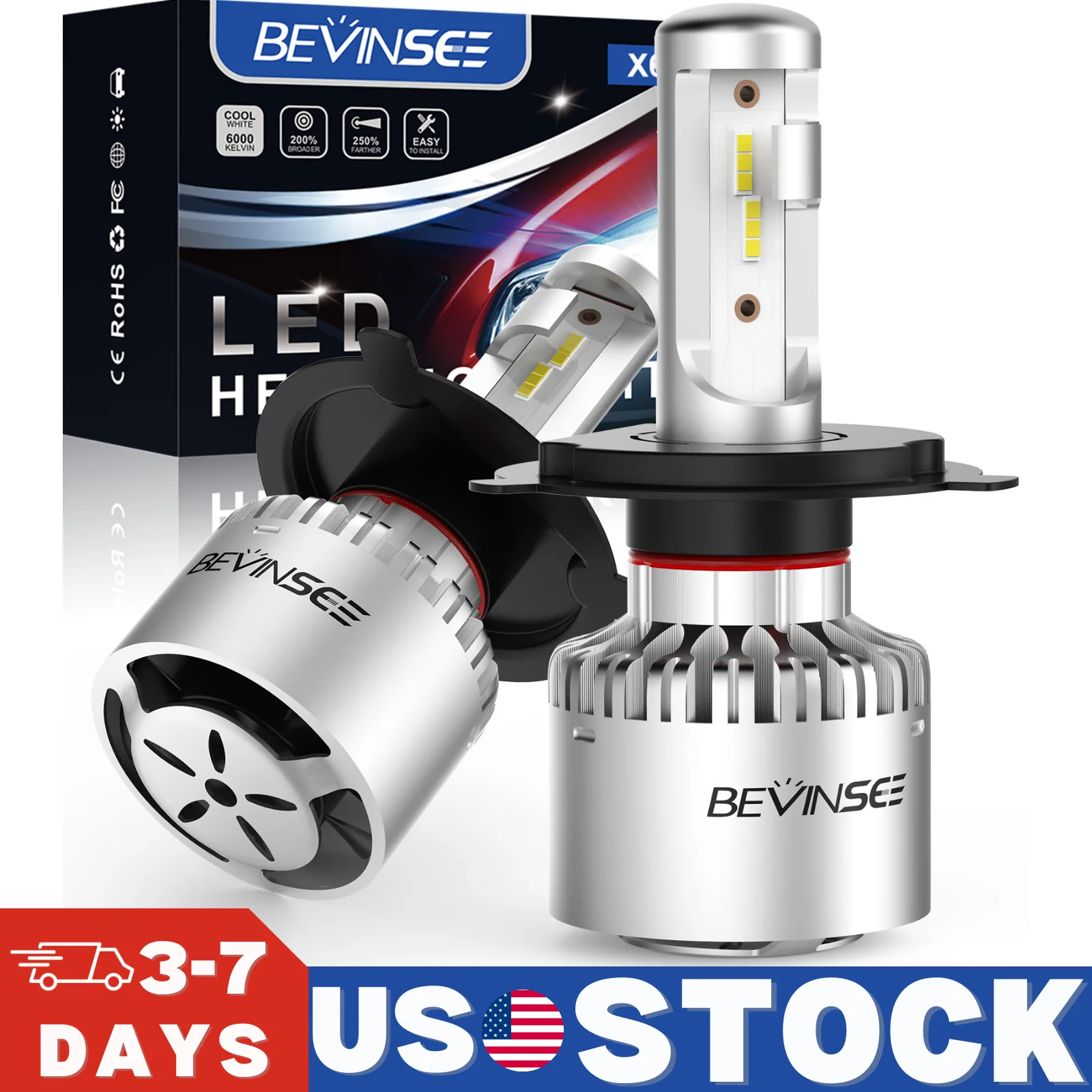 BEVINSEE H4 Hi-Lo Beam H7 LED Headlight Bulbs 9005 HB3 LED Fog Lights 60W 8000LM Mini Size LED Front Lamp Set 6000K 12V