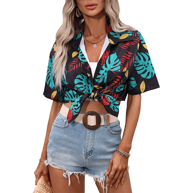 Hawaii Tropical Plants Floral Beach Shirts 3D Print Women Short Sleeve Shirt Button Tops Oversized Holiday Blouse Woman Clothing