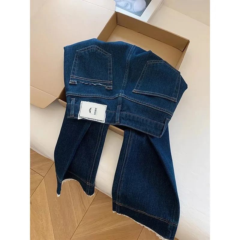 Retro Straight Solid Color Elastic Denim Pants Women's Spring Autumn Loose High Waist Slim Straight Wide Leg Trousers Women Pant