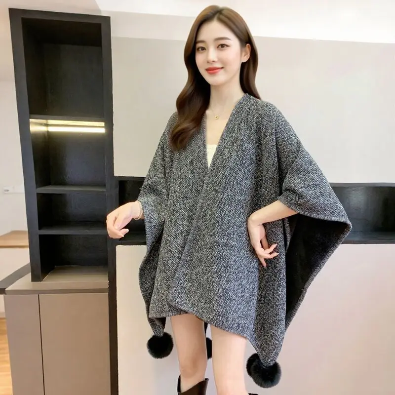 Fashionable Women Loose Solid Color Long Shawl Autumn Winter New Style Korean Plush Balls Stitching Cape All-Matching Ponchos