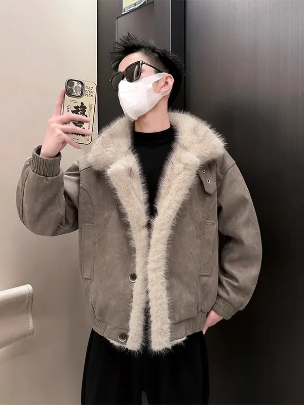 

Мужская короткая куртка с большим меховым воротником, из замши с интегрированным мехом, зимняя, морозостойкая, модная брендовая верхняя одежда