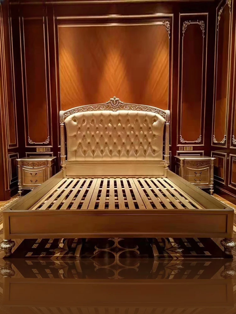 European Luxury Gold Foil Fabric Double Bed French Court Villa Solid Wood 1.8m Princess Wedding Bed Furniture Customization