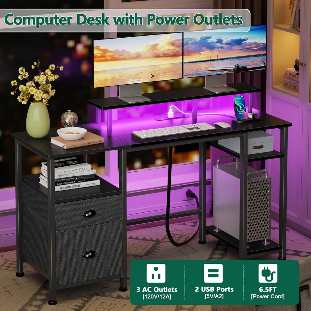 Gaming Desk with LED Lights and Power Outlets, Reversible Desk with File Cabinet and Monitor Stand for Home Office Use