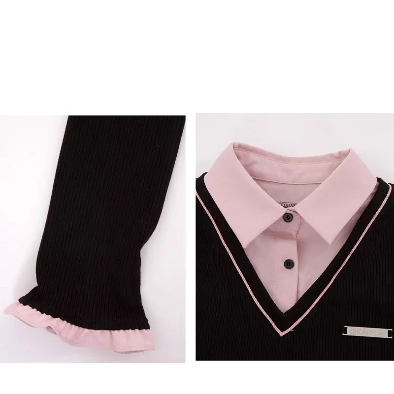 Women Kpop Mini Black Pink Preppy Style Long Sleeve Shirts Dress With Tie Gyaru 2000s Aesthetic Japanese Y2k Girl One-Piece New