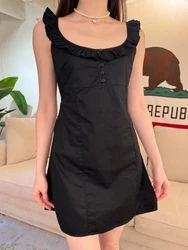 Ruffled Neck Lace-up Black Mini Dress Woman Summer Buttons  Sleeveless A-line Short Vestidos Casual Sweet Preppy Style Dresses