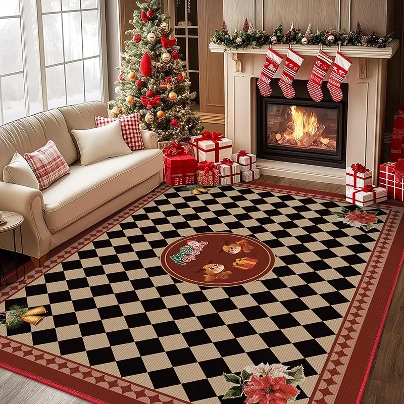Christmas Living Room Carpet Creative Personality Checkerboard Design Bedroom Rug Festive Atmosphere Decoration Coffee Table Mat