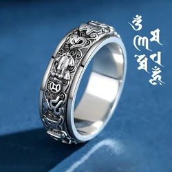 925 Silver Fine Style Mens Rings Hollow Out Six-character Mantra Rotable Vintage Ring Couple Style Party Banquet Jewelry