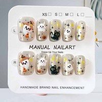 10Pcs Halloween Cute Chic Cat and Little Ghost Troublemaker Press on Nails Fake Nails Nail Art Nail Patch French False Nails