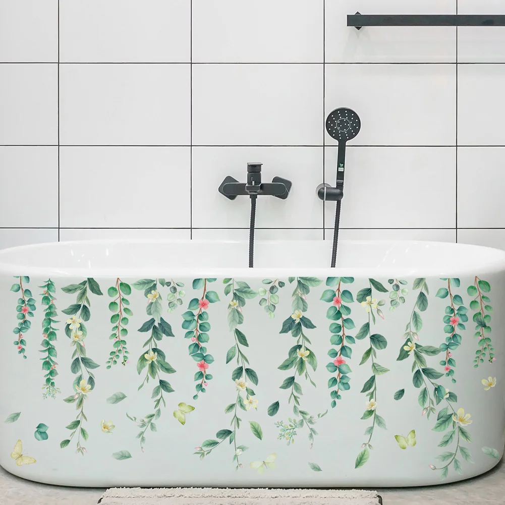 Green Plants Vines Flowers Wall Sticker Bathroom Bathtub Decor Decals Living Room Background Home Decoration self-adhesive Mural