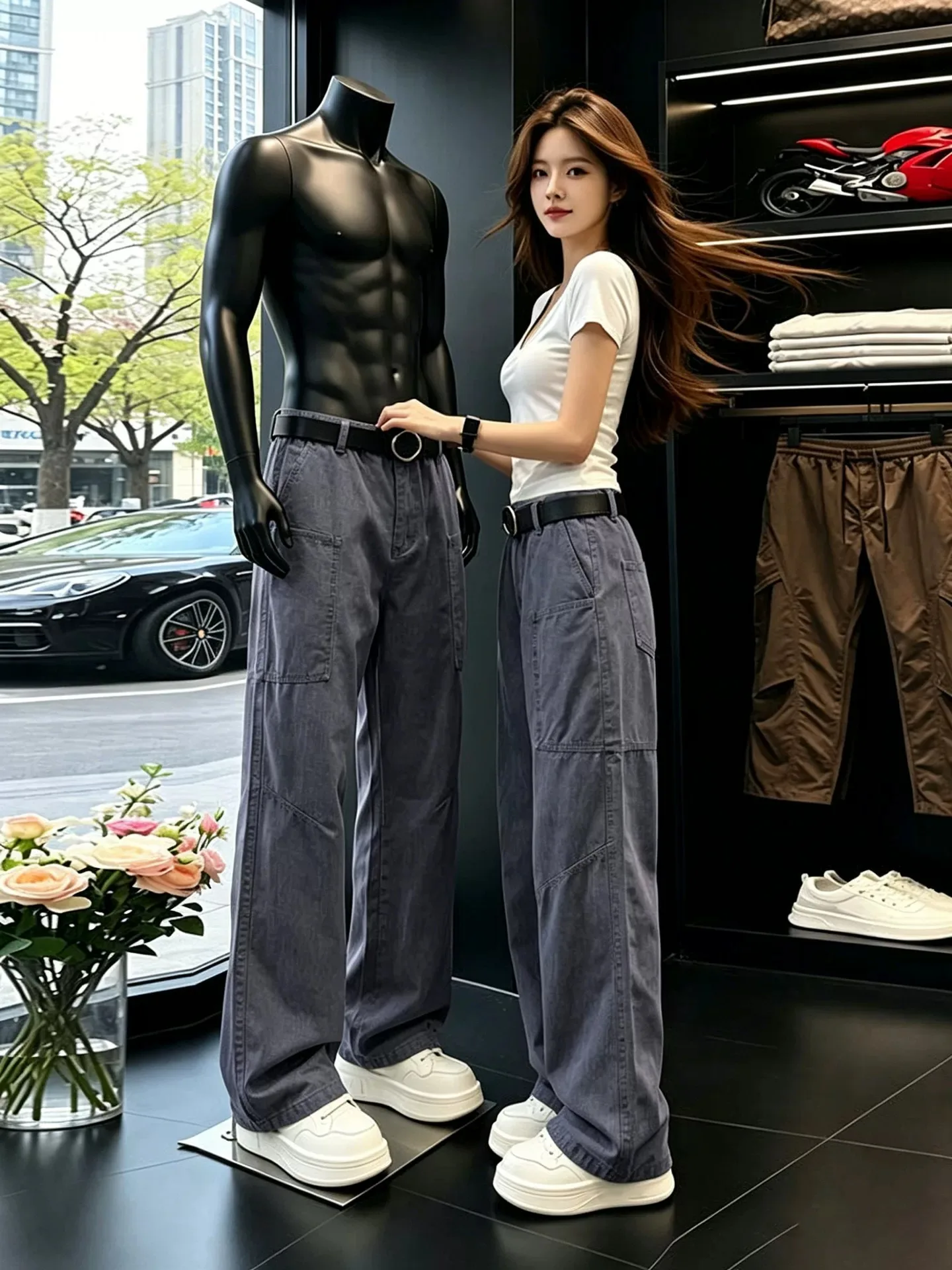 Men's Workwear Jeans Cargo Pants mid Waist Straight Leg Large Pockets Brown Color Cleanfit Casual Trousers Autumn Season