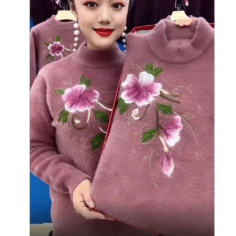 Mother Winter Sweater And Pullover New Thick Imitation Mink Velvet Sweater Elegant Embroidery Women Knitted Jumper Femme Tops