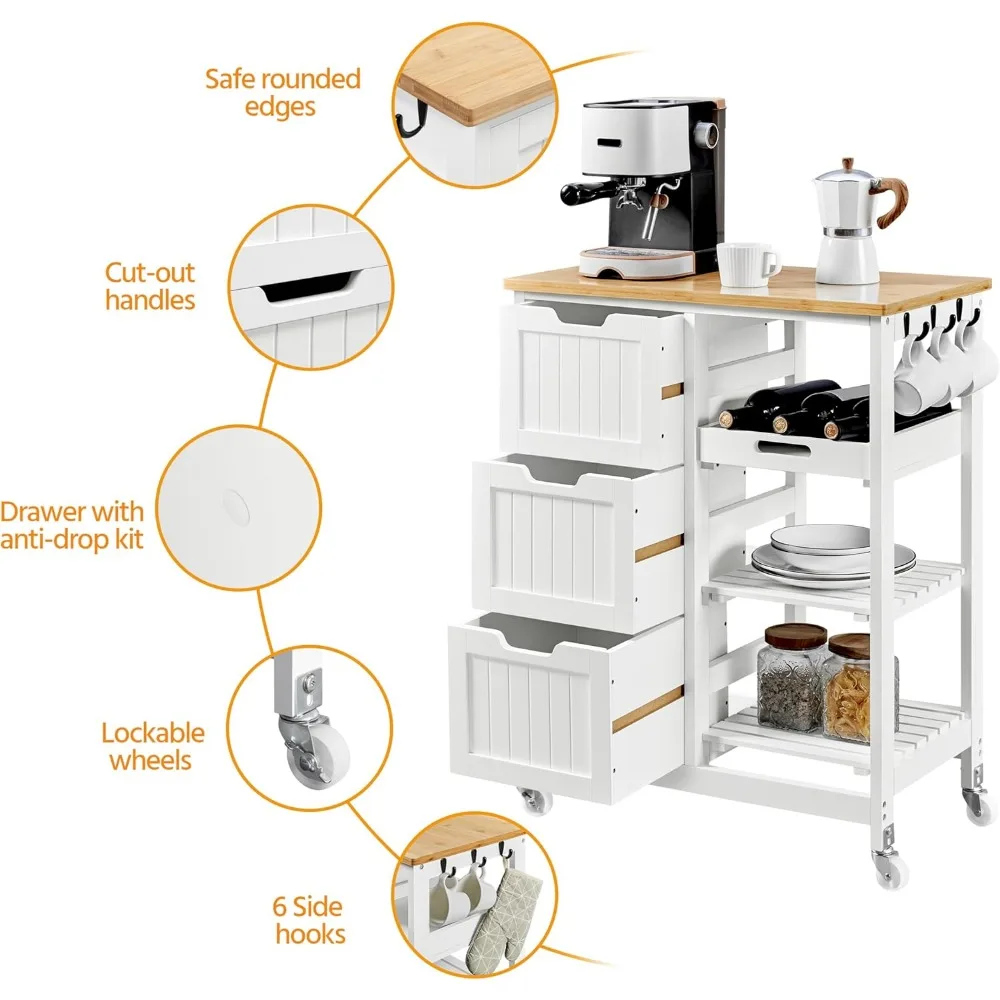 عربة جزيرة المطبخ المتدحرجة المصنوعة من الخيزران مع 3 أدراج وميزات عربة المرافق #6