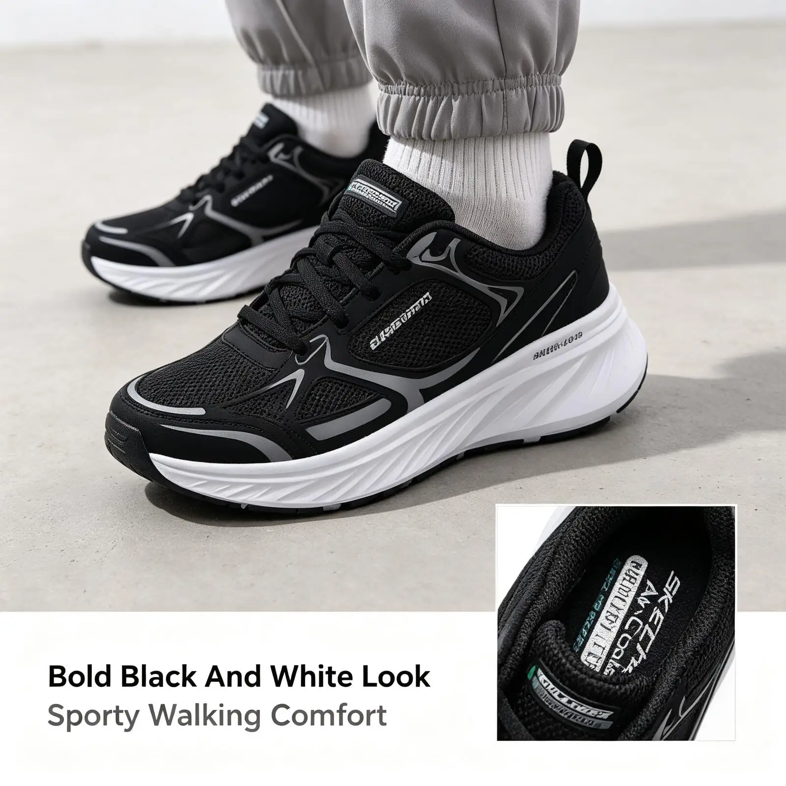 Skechers Men Breathable Mesh Memory Foam Platform Running Shoes Anti Slip Lightweight Daily Sneakers Multiple Colors 232844-BKW