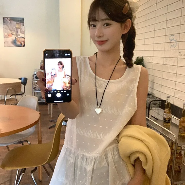 

White Lace Trim Loose Women's Tank Top Summer Outfit New Sle Base Layer Top Matching Skirt Korean Sle Pure Desire Design