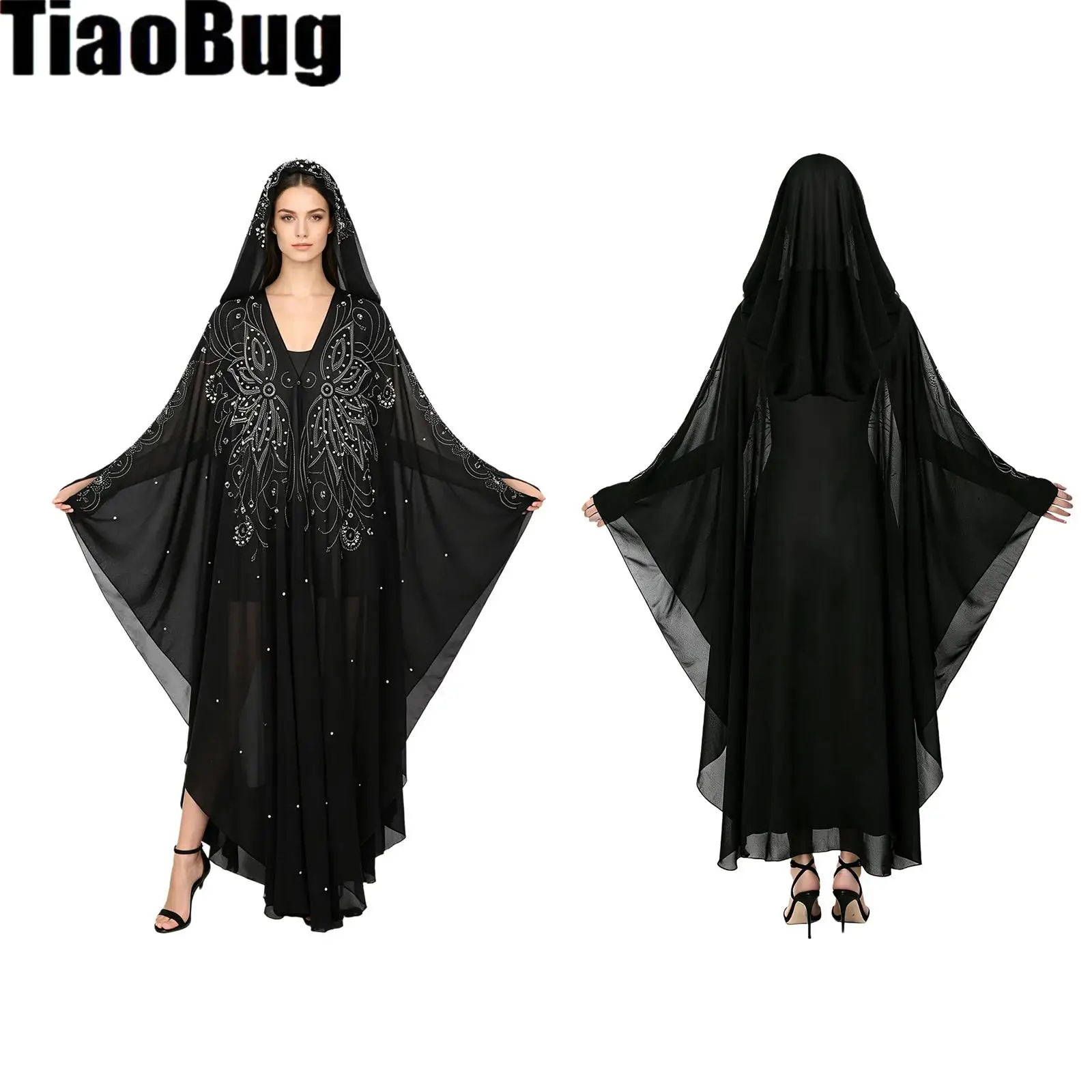 

Women Muslim Islamic Dress with Hood Exquisite Rhinestones And Faux Pearls Open Front Hooded Chiffon Abaya Long Robe Kaftan