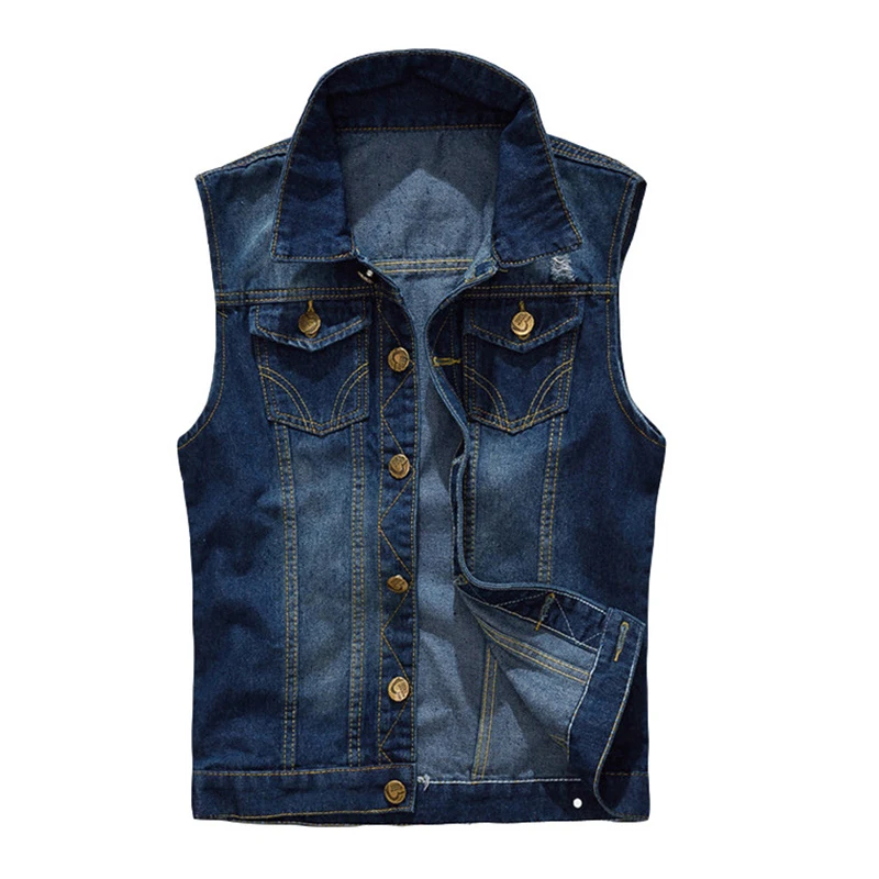 

Men Blue Denim Vest Solid Color Turn Down Collar Ripped Sleeveless Jean Jacket Casual Menswear