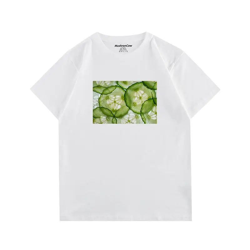 تي شيرت American High Street Cucumber مطبوع فضفاض ومريح للترفيه بأكمام قصيرة مع الرجال والنساء