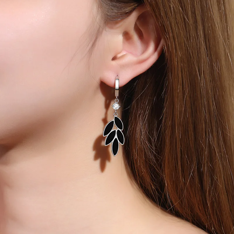 KOFSAC New Trendy Black Leaves Hoop Earrings For Women Party Accessories Glamorous 925 Sterling Silver Earring Jewelry