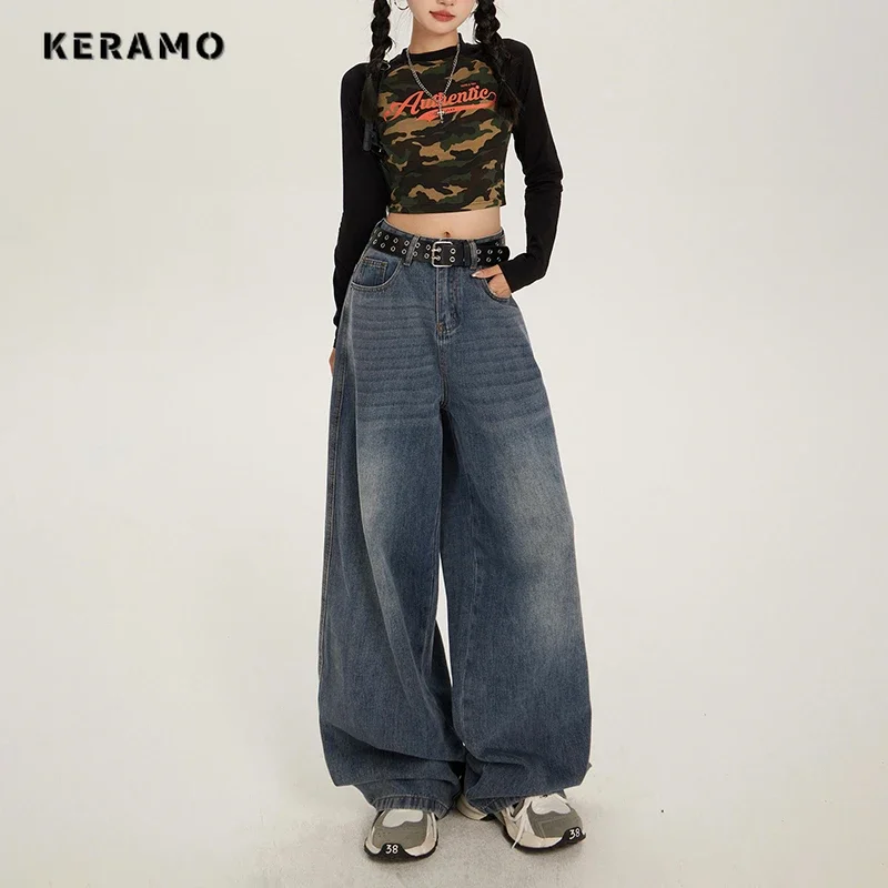 Vintage High Waist Straight Jeans Women's Casual 2000s Wide Leg Baggy Pants Y2K American Grunge High Street Washed Denim Trouser