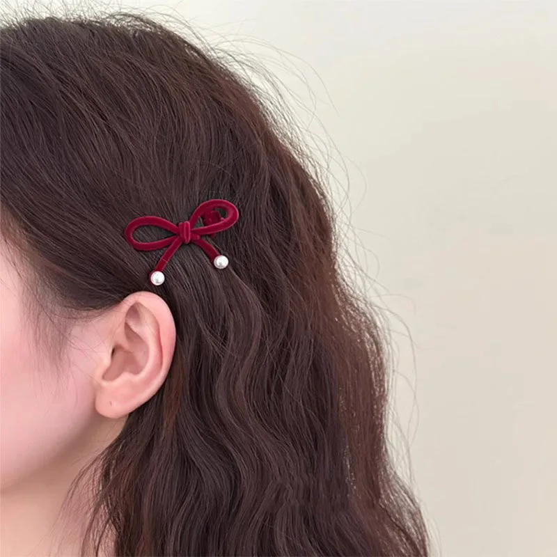 FANYIN New Autumn and Winter Red Black Velvet Pearl Bow Hairpin for Women Girls Bangs Side Clip Temperament Hairpin Headwear