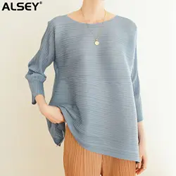 ALSEY Miyake Pleated Fashion Round Neck Irregular Splicing T-shirt Spring New Plus Size Loose Casual Women's long sleeve top