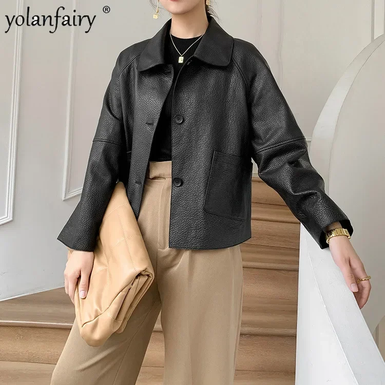 Giacca in vera pelle donna Lychee Grain cappotto in pura pelle di pecora abbigliamento donna 2023 primavera autunno nuova edizione larga vestiti corti