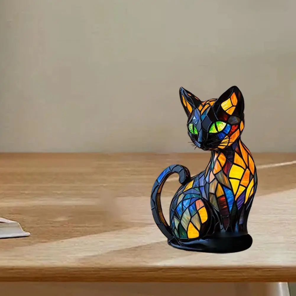 Lámpara de gato bonita, vitral retro led de resina teñida, luz nocturna de mesa, luces de ambiente para dormitorio, regalo para amantes de los perros y gatos