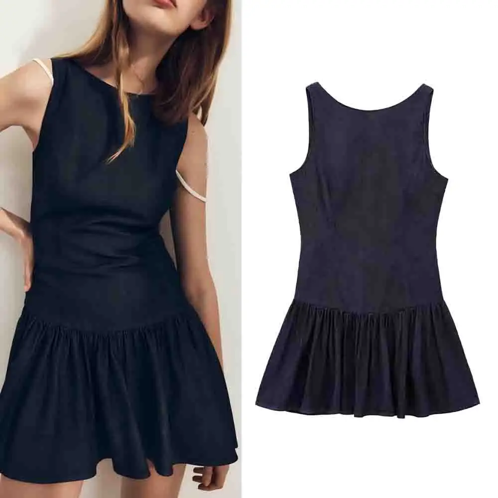 

Women's new fashion layered decoration denim effect sleeveless mini dress retro backless women's dress