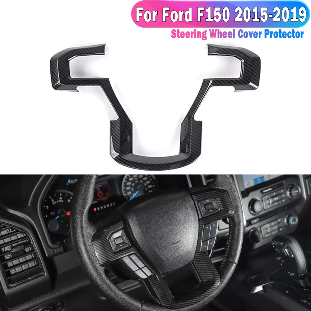 Black+ Carbon Steering Wheel Cover Trim Sticker Decoration For Ford F150 2015-2019 Car Interior Accessory