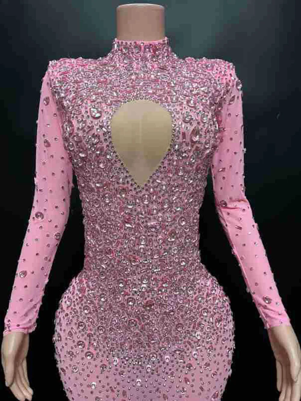 Customized Long Sleeved Rhinestone  Lace  High Elastic Sequins Sexy Tight Dress Birthday Party  Dress Performance Longuette