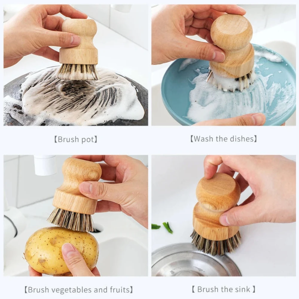 Palm Pot Brush Bamboo Round Mini Scrub Brush Natural Scrub Brush Wet Cleaning Scrubber for Wash Dishes Pots Pans Vegetable