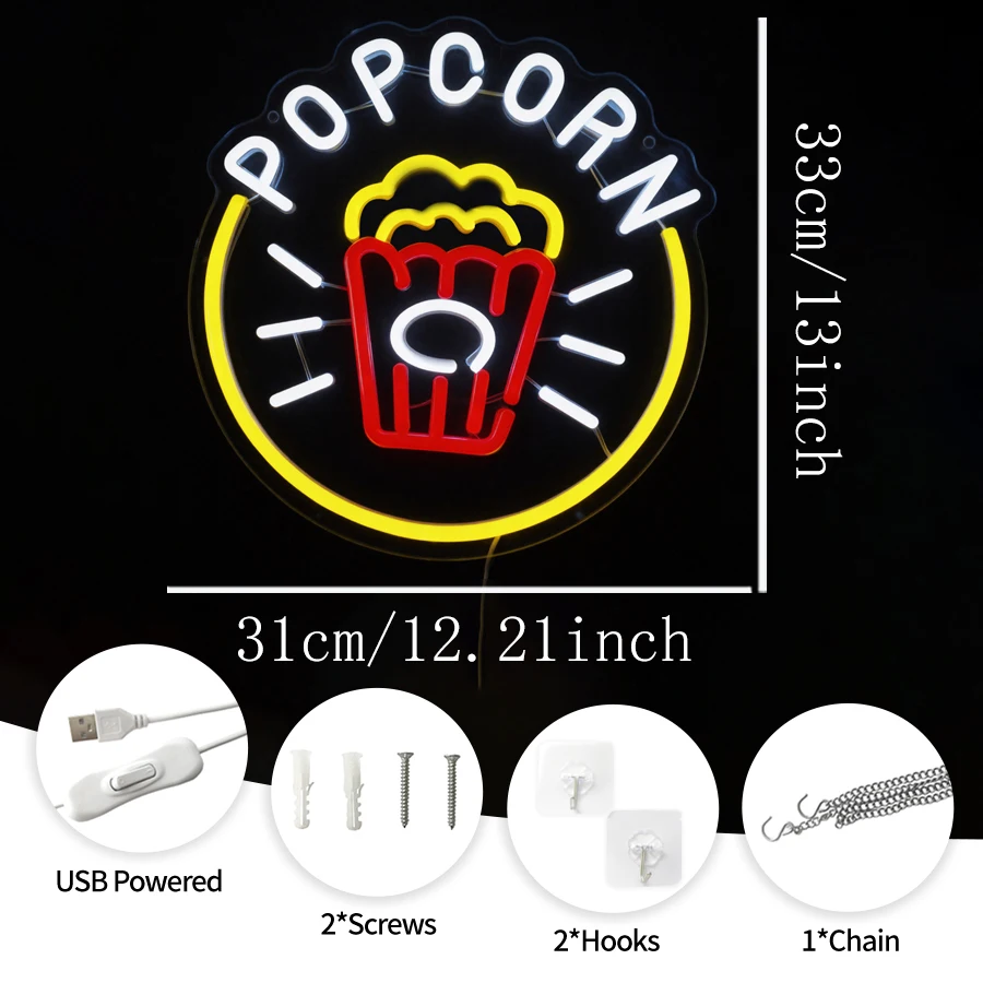 Popcorn Neon Sign,LED Neon Light Sign USB Powered for Home Cinema Decor,Theater,Kitchen,Bar,Man Cave,Party,,Video Room Wall Arts