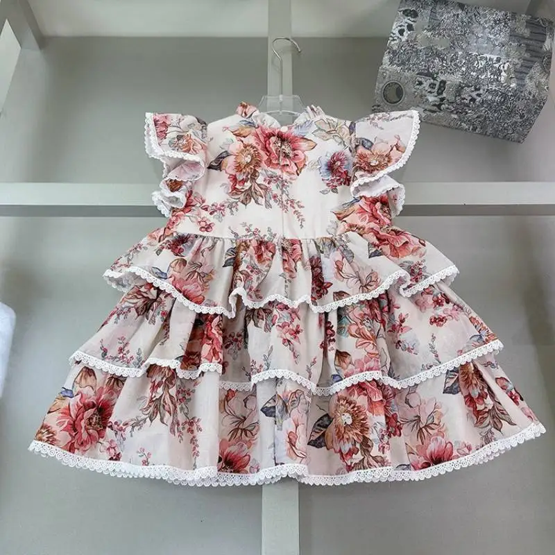 0-10 Jahre Sommer Baby Mädchen Süßes Kleid mit Flügelärmeln und Blumenmuster, Kinder Boutique Süße Prinzessin Flauschiges Spanisches Mädchenkleid – Detail 2