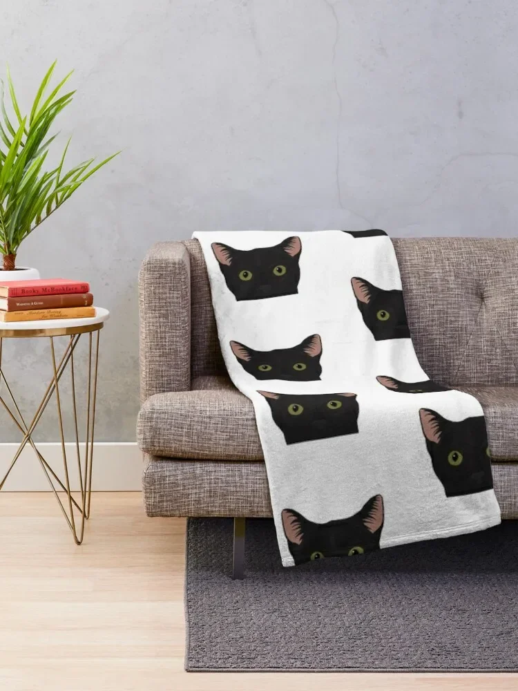 Curious Black Cat - Green Eyes Black Nose Throw Blanket Decorative Sofas Quilt Cute Plaid Blankets